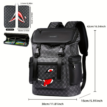 Men'S Stylish Black Backpack with Shark Graphic - Lightweight, Large Capacity, Multi-Functional Shoulder Bag for Travel, Commuting, School - Durable PVC Material, Sports & Fitness Design, Backpack for Travel