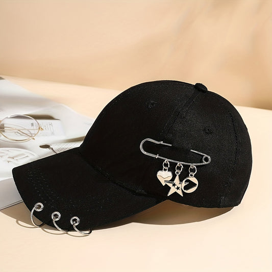 Adjustable Black Polyester Baseball Cap for Women - Trendy Korean Style with Heart & Star Pin, Versatile Fashion Accessory for Spring/Summer, Baseball Cap