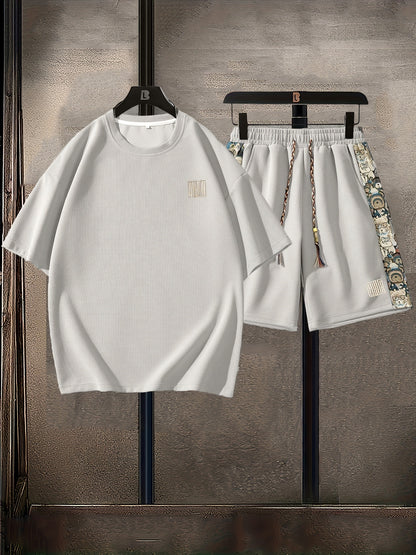 Men's Summer Casual Fashion Set: Embroidered Loose-Fit T-Shirt & Shorts - Breathable Polyester Blend, Non-Stretch Fabric, Pineapple, Sports Set