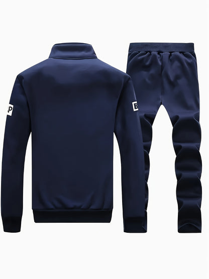 Men'S Navy Blue "Shan Yes" Print Casual Sports Suit - Zip-Up Hoodie & Joggers with Pockets, Regular Fit for Spring & Fall, Comfortable Leisure Wear, Leisure Wear Hoodie | Sporty Hoodie | Zipper Closure, Essential Hoodie