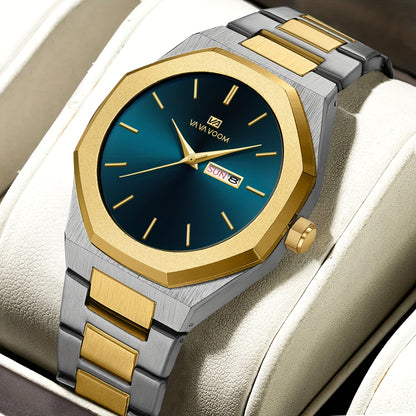 1pc Men'S Luxury Business Style Watch - Blue & Golden Stainless Steel, 42mm, Dual Calendar Quartz Movement, VA VOOM Brand, Outdoor Sports & Leisure Gift, Outdoor Sports Watch | Elegant Watch Design | Quartz Watch Movement, Lu