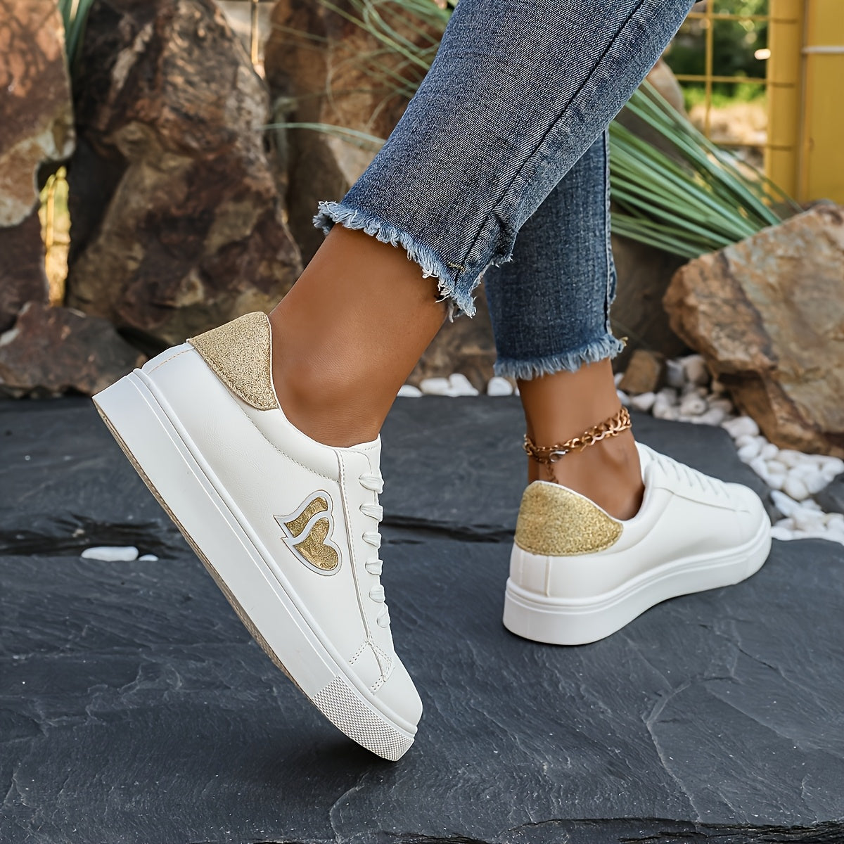 Women'S White Faux Cover Casual Sneakers - Low-Top Lace-Up Shoes with Heart Design, Rubber Sole, All-Season Comfort, Casual Footwear | Heart Detail Shoes | Synthetic Cover Sneaker