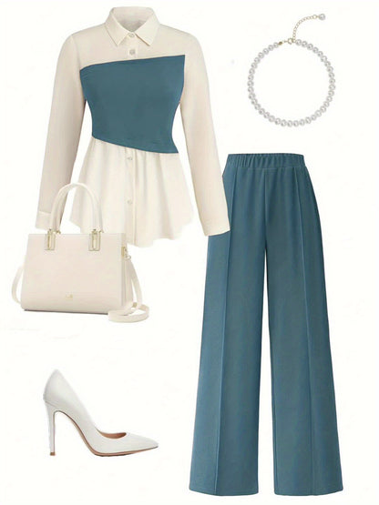 Elegant daily commuting two-piece set for ladies, featuring a color-blocked and pieced-together shirt and wide-leg trousers, suitable for all four seasons and machine washable.