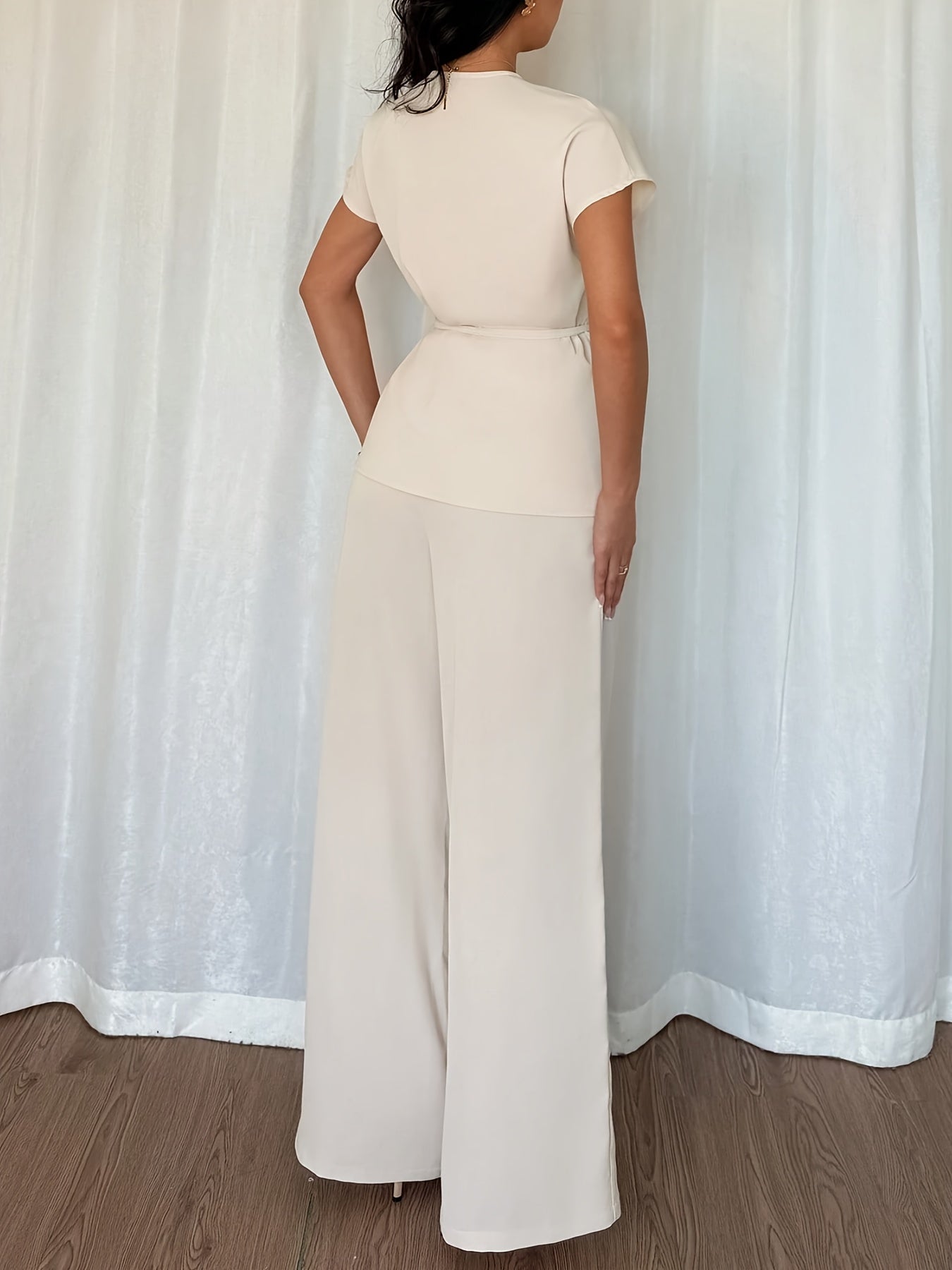 Stylish Women's Elegant Comfortable Solid Color Top and Loose Wide-Leg Pants Two-Piece Set, Suitable for Outings, Dates, Vacation