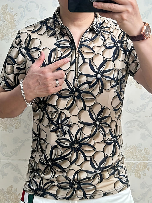 Men'S Lightweight Floral Print Short Sleeve T-Shirt - Stylish Black & Beige Business Casual Top with Zipper Detail, Regular Fit for Summer, Summer Casual Wear | Modern Casual Style | Stylish Button Details