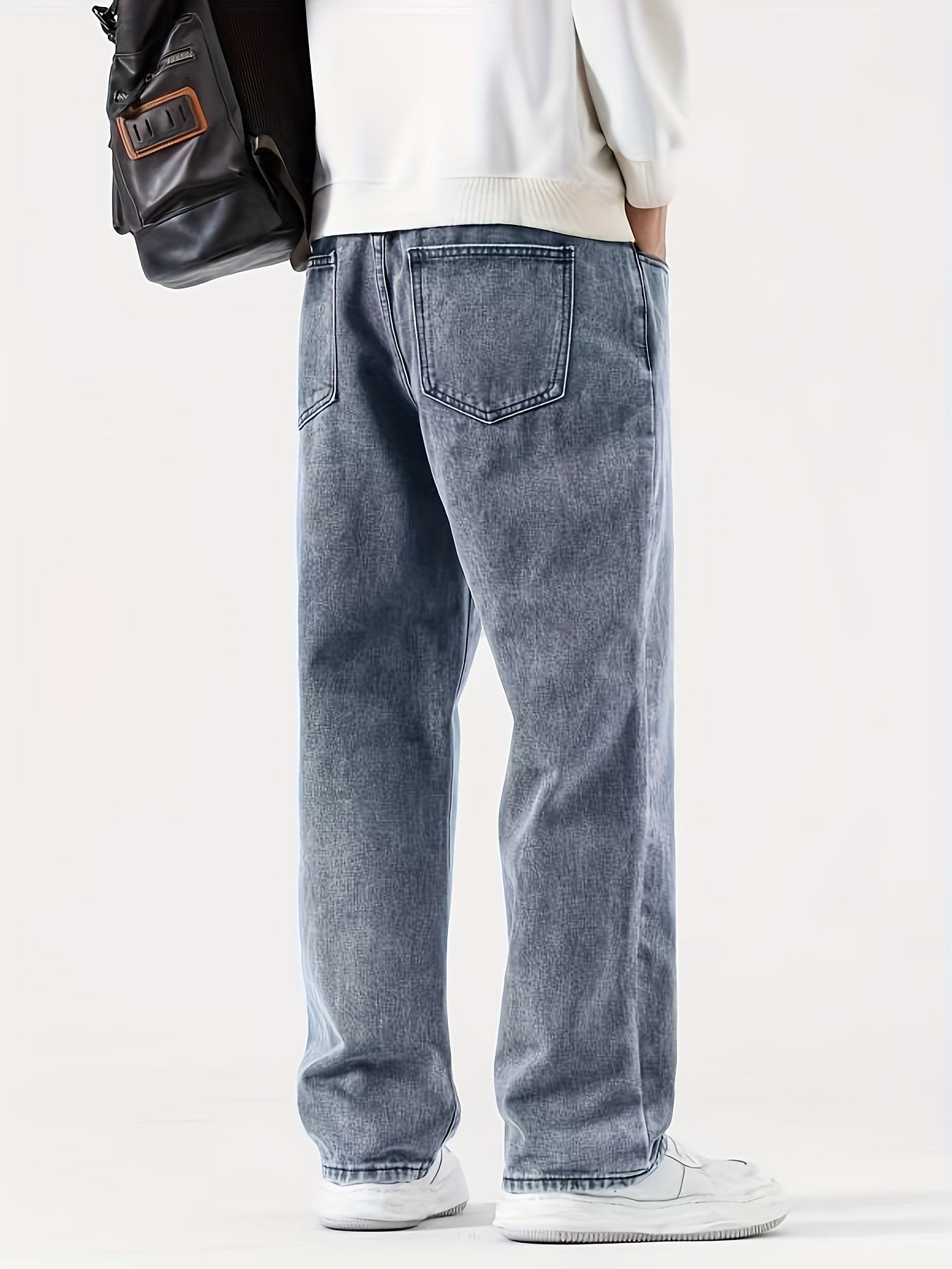 Men'S Casual Denim Jeans, 54% Cotton 32% Polyester 12% Viscose, Solid Color, Regular Fit, Straight Leg, All-Season, Woven Fabric, 290g/m², with Pockets - Adult