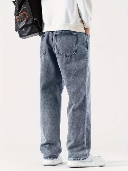 Men'S Casual Denim Jeans, 54% Cotton 32% Polyester 12% Viscose, Solid Color, Regular Fit, Straight Leg, All-Season, Woven Fabric, 290g/m², with Pockets - Adult