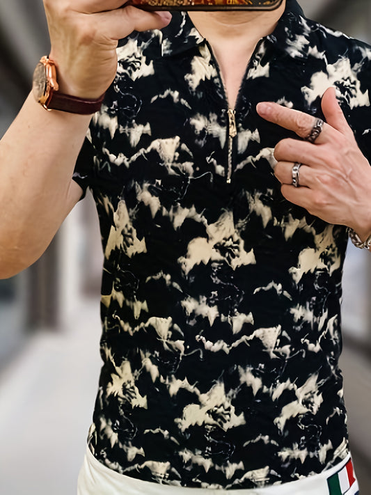 Men's Summer Short Sleeve Shirt - Breathable Color-Block Abstract Print, Stand Collar Casual Regular Fit, Hand Wash Only for Casual Attire, Trendy Fashion, Lightweight Fabric