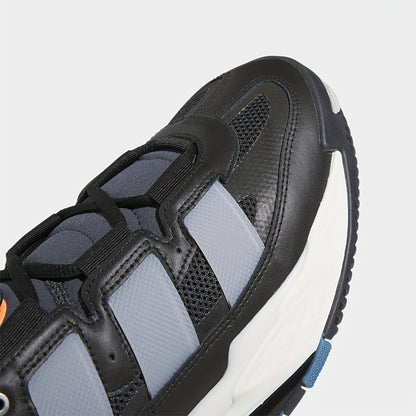 Adidas Niteball Low-Top Sneakers for Men & Women - Striped Casual Shoes with Genuine Leather Upper, Breathable Fabric Lining & Rubber Sole, Black/Blue/Orange Accents (FZ5742), Athletic Footwear, Modern Triptych Design, Durabl