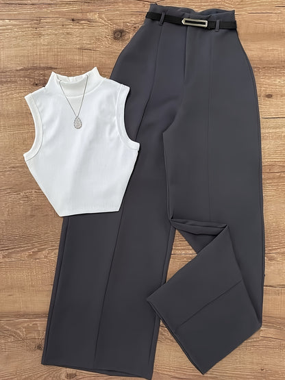 Summer Sexy Half-Turtleneck Sleeveless Vest + Versatile Western Flare Pants Set with Belt