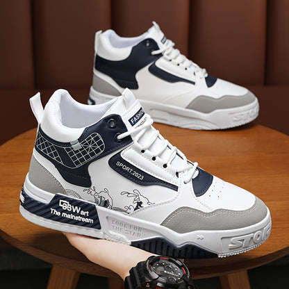 1pair Men'S Fashion Skateboarding Sneakers, High-Top Midsole with Lace-Up Closure, Faux Upper, Cartoon Wave Pattern, Comfortable Non-Slip PVC Sole, Breathable Fabric Lining, Casual Street Style Shoes for Outdoor Activities