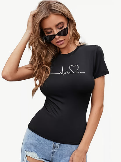 Women'S Stylish Heart Print T-Shirt - Short Sleeve, Round Neck, Polyester Blend, Casual Summer Top with Frayed Denim Shorts, Casual Attire|Playful Print Top|Stretchy Fabric