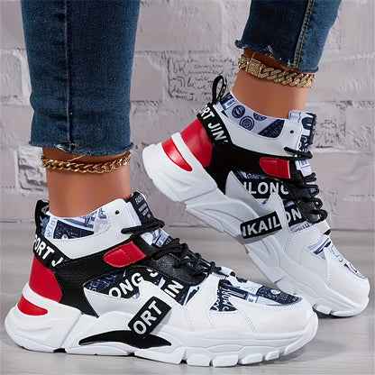 Women'S Comfortable Geometric Patterned Sports Shoes - Lightweight, All-Season, Mid Top, Lace Up, Plain Toe, Polyurethane Upper, Fabric Inner and Insole, MD Sole, Random Printing