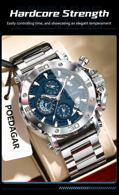 POEDAGAR Men'S Luxury Stainless Steel Business Watch with Date Display, 3ATM Blue Dial, Rotating Bezel, Alloy Case, Quartz Movement - Elegant Formal Accessory, Formal Accessory|Luxurious Watch|Quartz Movement Watch