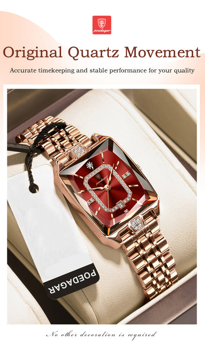 POEDAGAR Elegant Women's Quartz Watch - Rose Golden Stainless Steel, (3ATM), Square Dial with Gemstone Accents, Date Display, Luxury Fashion Accessory for Casual or Formal Occasions