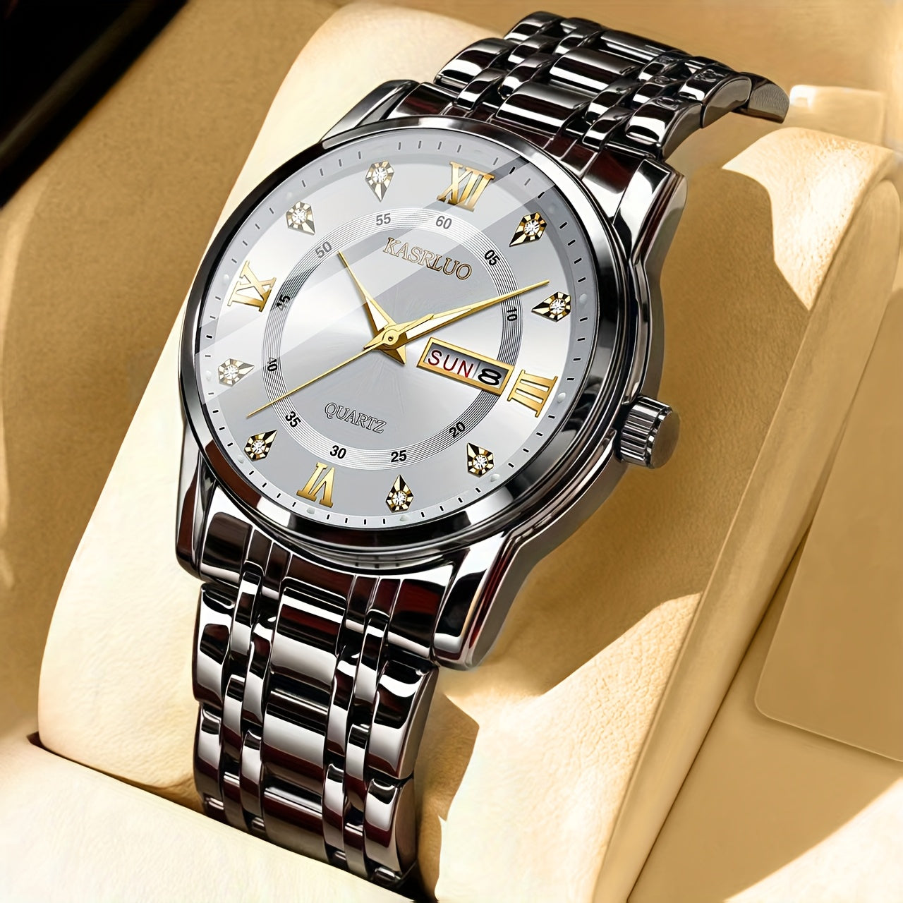 1pc KASRLUO Men'S Business Sports Watch - Stainless Steel Band, Double Date Display, Quartz Movement, Round Alloy Case, Electronic Drive, Calendar Feature, Ideal Gift for Men, KASRLUO