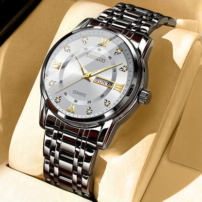 1pc KASRLUO Men'S Business Sports Watch - Stainless Steel Band, Double Date Display, Quartz Movement, Round Alloy Case, Electronic Drive, Calendar Feature, Ideal Gift for Men, KASRLUO