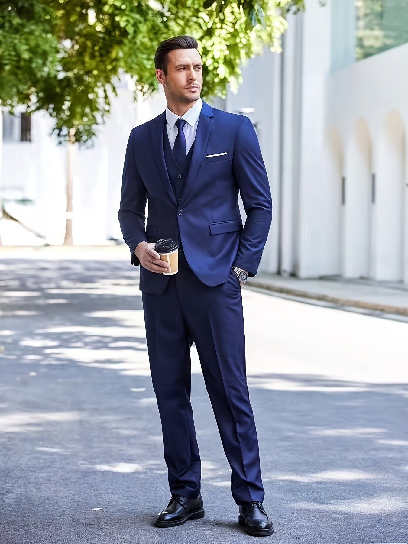 3pcs Luxury Classic Men's Solid Color Formal Suit Set - Lapel Jacket, Vest and Pants, Regular Fit, Long Sleeve, Traditional Silhouette, Very Suitable for Wedding Banquets, Business Meetings - High Quality Fabric, Comfortable
