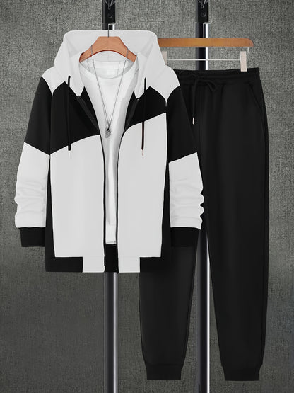 Men's Autumn Color-Blocked Zip-Up Hoodie with Side Pockets And Solid Color Drawstring Long Pants Set.