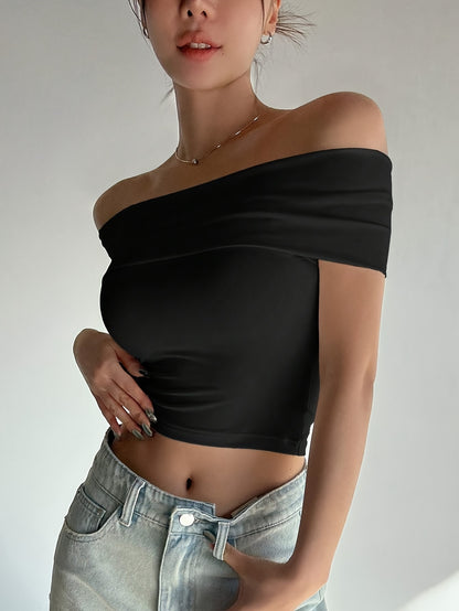 Chic Comfort| Elegant Women's Light Pink Off-Shoulder Ruched Crop Top - Slim Fit, Solid Color, Polyester & Elastane Blend, Machine Washable for Summer, Casual Wear|Chic Offshoulder Top|Delicate Texture