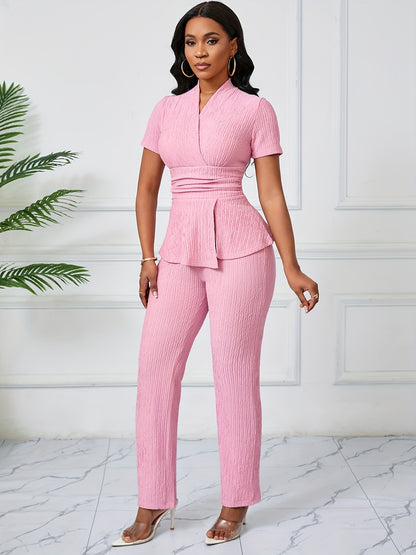 Women'S Elegant Casual Solid Color Textured Jumpsuit - Stylish Short Sleeve Top & Wide-Leg Pants, Perfect for All Seasons, Casual Attire|Textured Jumpsuit|Casual Style
