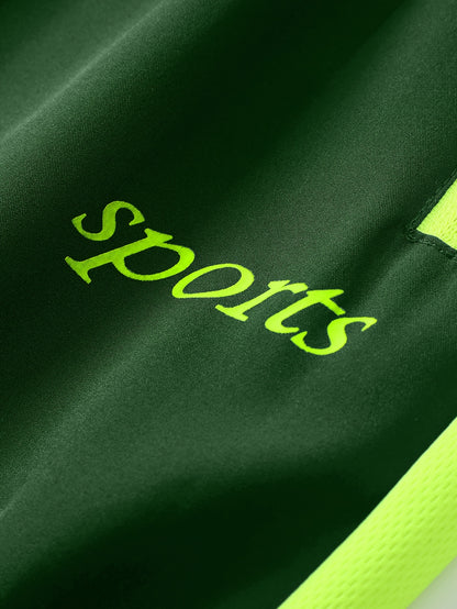 Men's Two-Tone Spliced Jacket and Pants Set in Fluorescent Green with 'Sports' Letter Print, Eye-Catching Fashion Design, Comfortable Soft Fabric, Essential Outfit for Home or Outdoor Wear TZ8030
