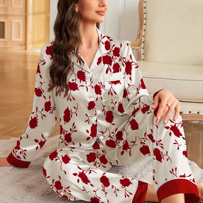 Elegant Satin Pajama Set for Women, Long Sleeve and Pants, Floral Print, Lapel Collar, All Season Basics, 90% Polyester 10% Elastane, Woven Fabric, Comfortable Sleepwear