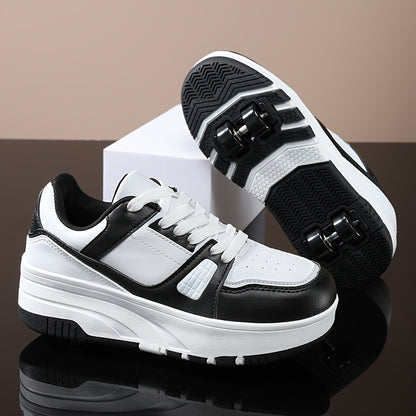 Boys' Fashion Roller Skate Footwear - Non-Slip Dual Wheel, Lace-Up with Durable Buckle Straps, Black & White, Suitable for All Seasons