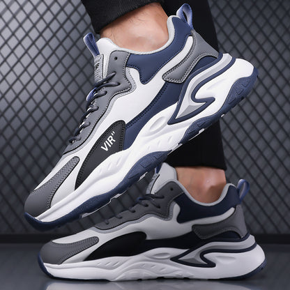 Men's Stylish Color-Block Sneakers - Black & Gray with White Accents, Comfortable All-Day Wear, Durable Rubber Sole, Lace-Up Design, Trendy Low-Top Style for Casual or Athletic Use, Casual Sneakers | Fashion Sneakers | Pu Mat