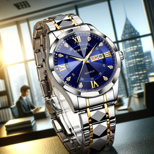 A Men'S Trendy Golden Alloy Luminous Business Casual Quartz Watch with a Steel Band.