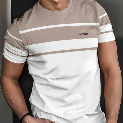 Men's Minimalist Modern T-Shirt - Lightweight Breathable Fabric Crew Neck Tee in White & Beige - Everyday Casual & Formal Summer Shirt - Machine Washable Everyday Essential, Horizontal Stripe Design, Smooth Texture Fabric