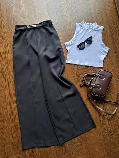 Summer Sexy Half-Turtleneck Sleeveless Vest + Versatile Western Flare Pants Set with Belt