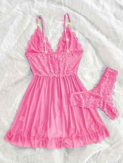 Sexy and Romantic Sleepwear Set, Solid Color Lace Camisole with Matching Panties, V-Neck Design Accentuating Elegant Neckline, Delicate Lace Pattern for Softness. Flared Hem and Ruffled Front Add Graceful Charm, Perfect for a