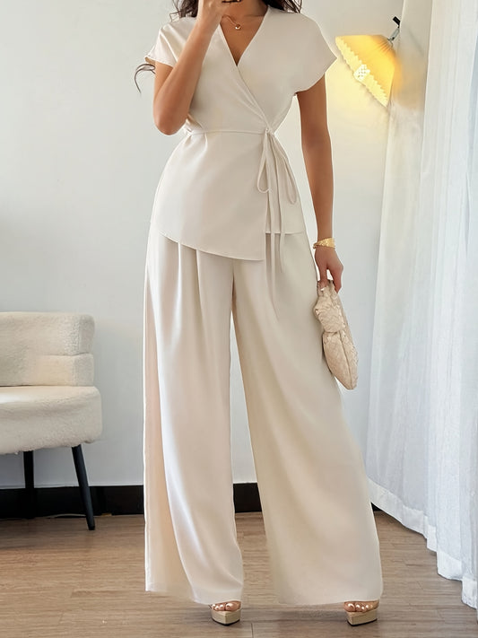Stylish Women's Elegant Comfortable Solid Color Top and Loose Wide-Leg Pants Two-Piece Set, Suitable for Outings, Dates, Vacation