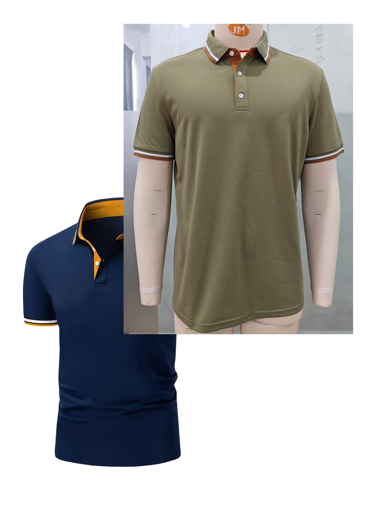 2pcs Men's Short-Sleeve Shirts with Contrast Collars - Lightweight Polyester, Pastel Blue & Pink, Turn- Collar, Button Closure, Regular Fit, Casual & Business-Casual Wear, Ideal for Summer or Gifting, Short Sleeve Tops
