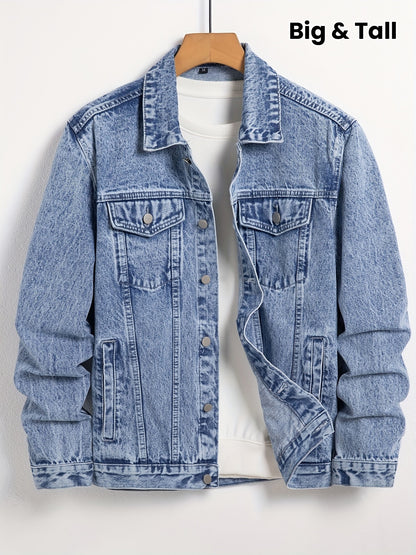 Men's Denim Jacket, Turn-Down Collar, Regular Fit Classic Design Denim Coat For Spring & Autumn