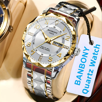 1 New BANBONY Brand Unisex Stainless Steel Quartz Watch with HD Scratch-Resistant Rhinestone-Embellished Simple Digital Round Dial, Luminous Display Date Calendar Battery-Powered Multifunctional Fully Automatic Wristwatch for