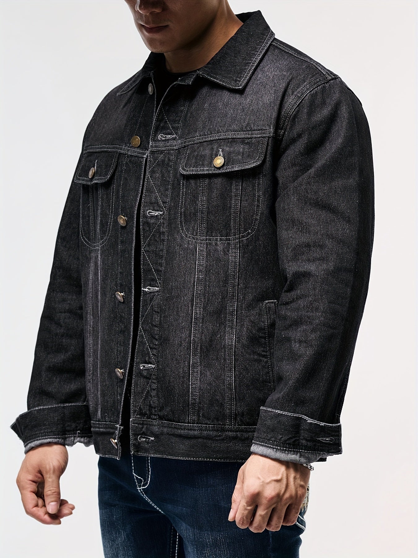 Men's Stylish Denim Jacket - Casual Long Sleeve with Flap Pockets, Machine Washable