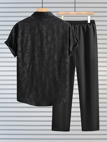 Men's Outfit, Casual Floral Graphic Print Lapel Short Sleeve Button Up Shirt & Drawstring Pants 2-piece Set For Outdoor Activities