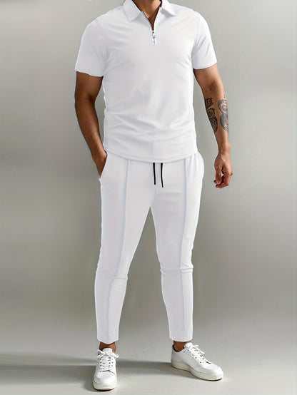 Men's Slim-Fit Casual & Joggers Set - Breathable Polyester, Short Sleeve, Summer Outdoor Wear
