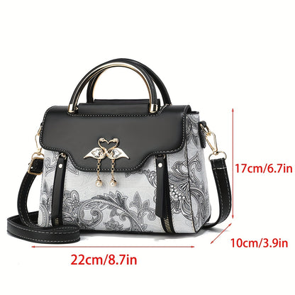 Elegant Floral Print Women'S Crossbody Bag with Magnetic Closure, Adjustable Strap, and Metal Swan Heart Charm, Synthetic Faux Leather Shoulder Purse with Polyester Lining and Painted Edges, Ladies Bag