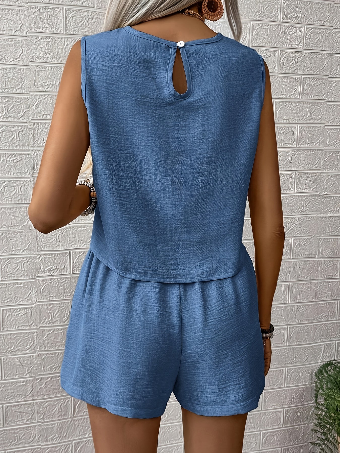Women's Solid Color Top and Shorts Set, Perfect for Vacation/Leisure Time