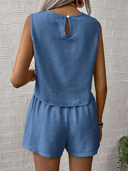 Women's Solid Color Top and Shorts Set, Perfect for Vacation/Leisure Time