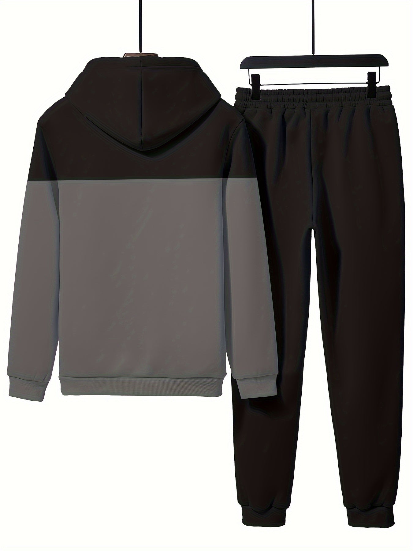 Men'S Fall/Winter Casual Polyester Sweatsuit Set - Long Sleeve Hooded Top with Letter Print & Patchwork Design, Regular Fit Drawstring Joggers, Knit Fabric, Slight Stretch