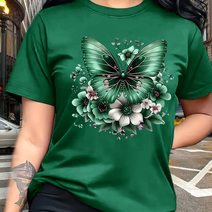 Circle Chic Butterfly Print T-Shirt - Exquisite Design, Casual Round Neck Top - Breathable and Lightweight, Perfect for Spring/Summer Wardrobe