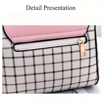 Women'S Vintage Plaid Crossbody Bag with Detachable Shoulder Strap, Zipper Closure, Polyester Lining & Edge Paint - Pink & Black Checkered Design, Perfect for Teens & Women, Ideal Gift for Birthdays, Anniversaries, Valentine'