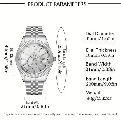 KASRLUO Men's Stainless Steel Watch with Calendar - Business Style, Quartz Movement, Round Dial, Black Faux Leather Strap, Date Display, Elegant Design for Young Professionals, Formal Accessory | Sophisticated Style | Precisi