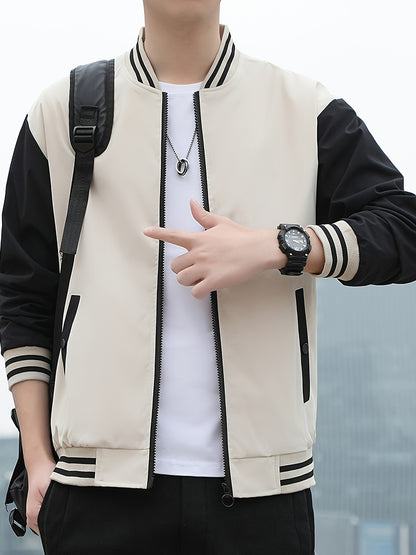 Men'S Lightweight Geometric Pattern Bomber Jacket - Casual Long Sleeve Zip-Up with Pockets, White & Gray, Polyester Lining, Perfect for Fall, Autumn Jacket
