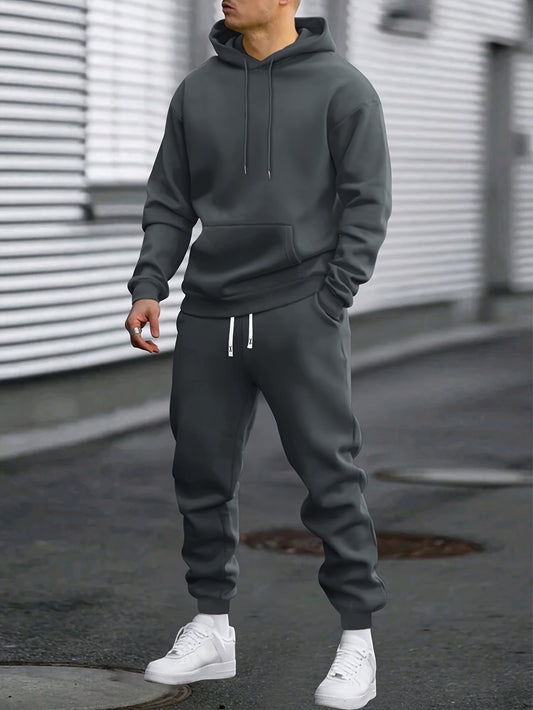 1set Men'S Casual Sports Suit, Polyester Hooded Sweatshirt and Jogger Pants Set, Solid Color, Elastic Waist, Cuffed Ankles, Knit Pullover with Pockets, Regular Fit for Outdoor Running and Jogging - Spring/Autumn Collection