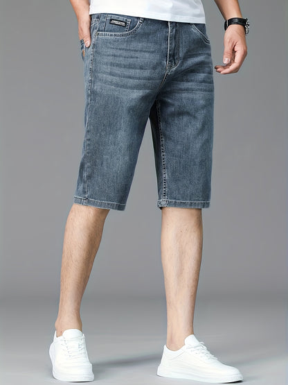 Men's Slim-Fit Denim Shorts - Casual Business Style, Mid-Waist, Stretch Fabric, Knee-Length with Pockets
